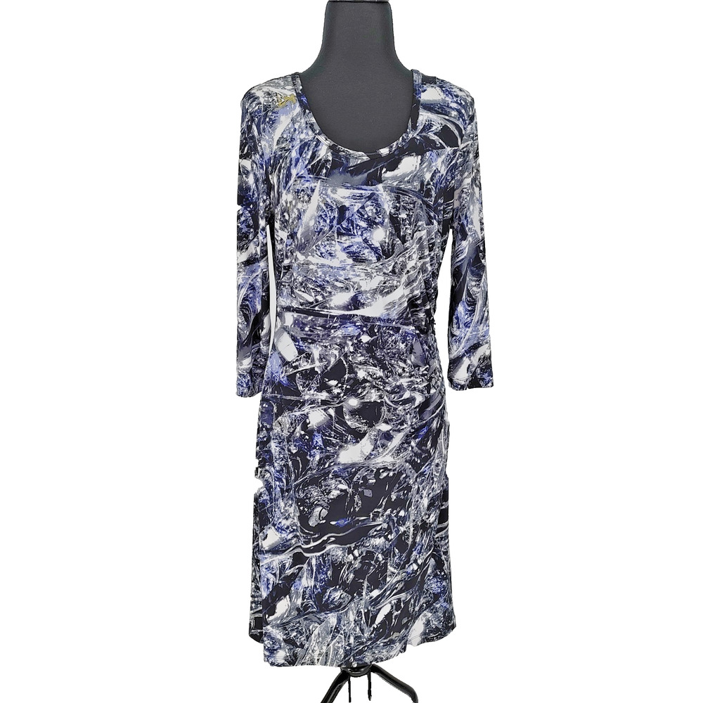 Calvin Klein Woman's Blue White Galaxy Sheath Dress Size 12 Stretch Ruched Side